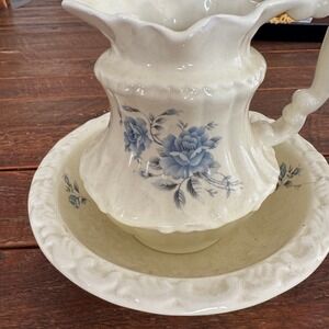 Athena California Vintage Pitcher Wash Basin Blue Rose Floral Cream Cottagecore